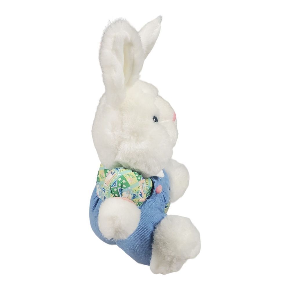SKM Bunny Rabbit Plush Sitting White Furry Blue Overalls Spring Easter Vintage - Picture 4 of 11